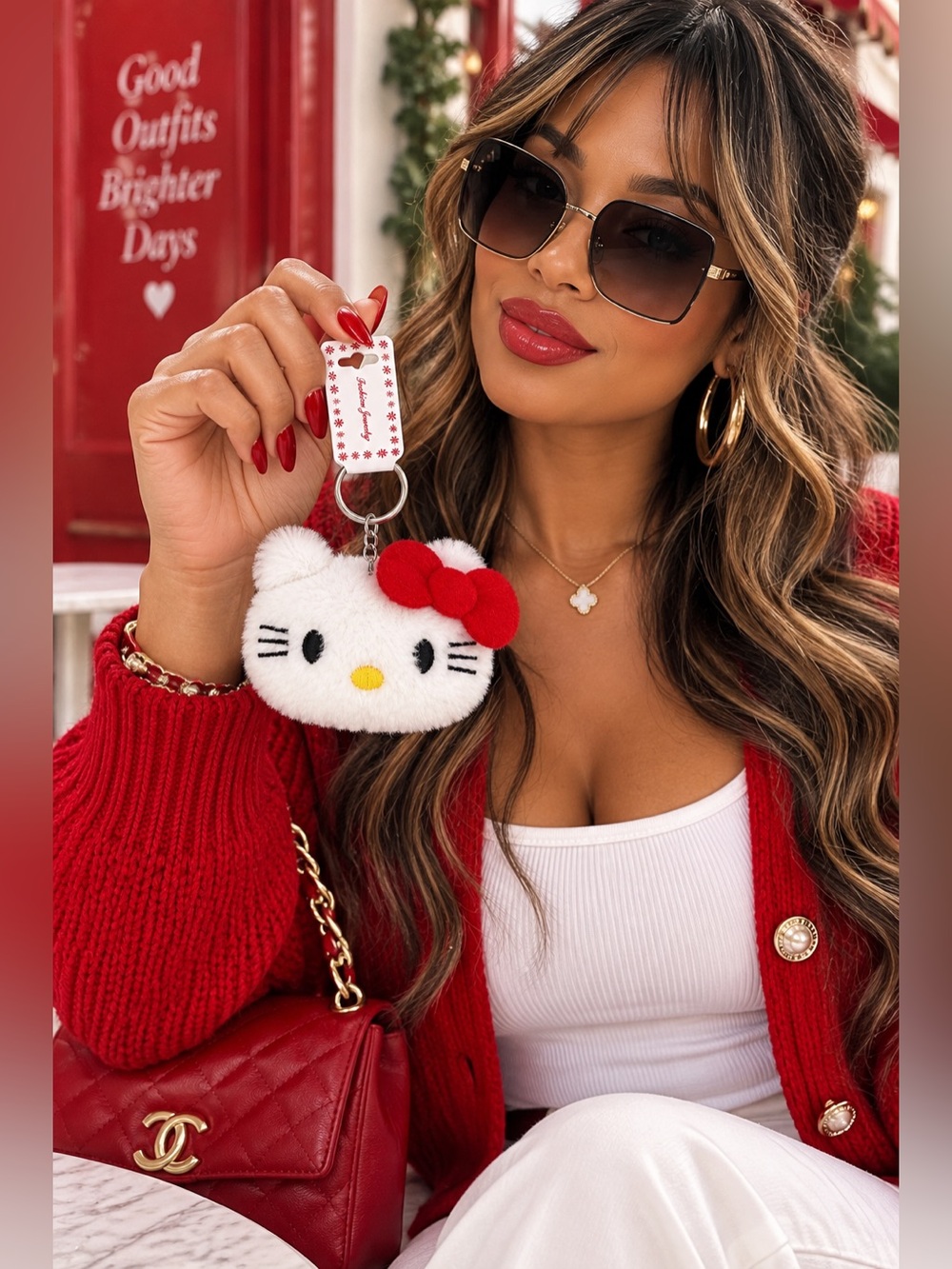 White Plush Cat Face Bag Charm Keychain Red Bow Kawaii 4”